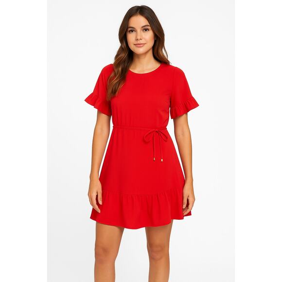 Amanda Uprichard Red Belted Mini Dress – Short Sleeve with Ruffle Hem Size Small - Picture 1 of 7
